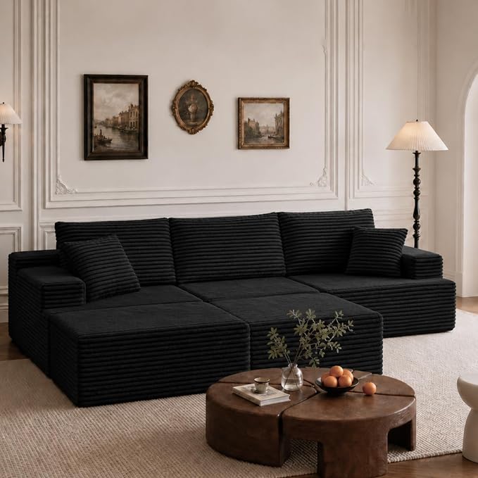103" Modular Sectional Sofa, Comfort U Shaped Boneless Couch for Living Room, Extra Deep Seats No Assembly, Corduroy (Black, 3 Seater + 2 Ottomans)