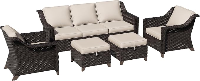 5 Pieces Patio Conversation Furniture Set - 1 Sofa, 2 Armchairs, 2 Ottomans, Outdoor Wicker Furniture with Removable Cushions for Porch, Balcony, Sunroom (Beige)