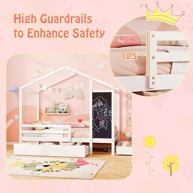 Giantex Twin Bed with 2 Storage Drawers, Solid Wood House Bed with Blackboard & Safety Guardrails, Twin House Bed w/Slats Support, No Box Spring Needed, Twin Bed Frames for Kids Girls Boys (White)