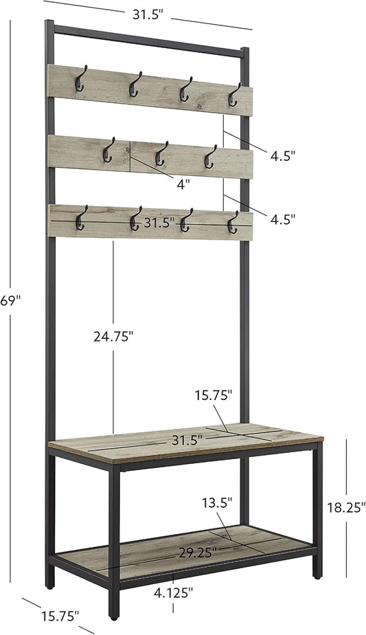 Linon Shaymus Grey Metal Hall Tree with Greywashed Wood Bench and Seat Featuring Multiple Hooks