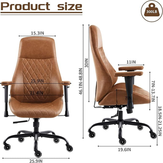YFO Home Office Desk Chair High Back Office Rubber Casters Ergonomic Computer Chair with Lumbar Support Adjustable Height Rolling Swivel Chair Executive Task Armrests, Brown Leather