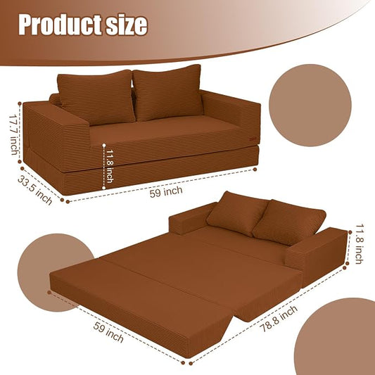 COMAX Futon Sofa Bed, Convertible Sofa Bed, Folding Boneless Couches | Boneless Couch for living room, 4‑in‑1 Fold Out Small Foldable Loveseat Floor Sleeper Mattress Lounge Space‑Saving