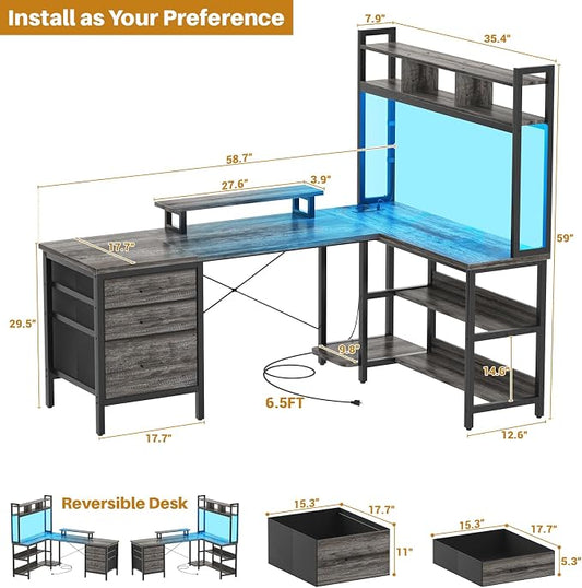 Aheaplus L Shaped Desk with Hutch, Gaming Desk with Led Lights, Reversible Computer Desk with Power Outlet, Corner Desk with File Drawer & Monitor Stand, Storage Shelves for Home Office, Black Oak