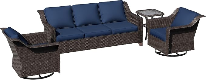 4 Pieces Patio Conversation Furniture Set - 1 Sofa, 2 Swivel Chairs, 1 Side Table, Outdoor Wicker Furniture with Removable Cushions for Porch, Balcony, Sunroom (Blue)