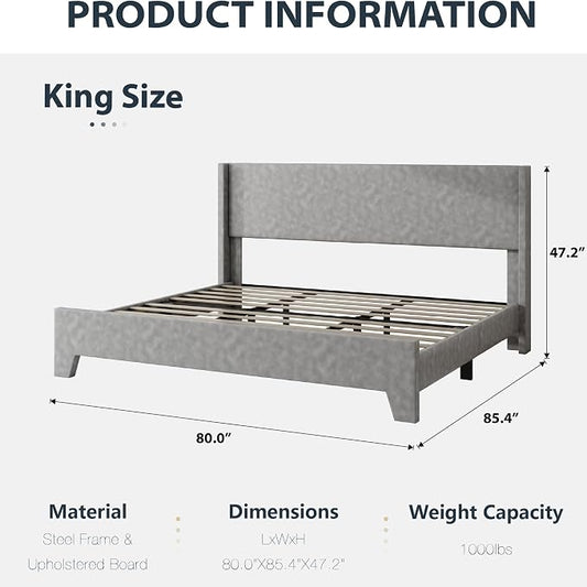 King Bed Frame with Faux Leather Upholstered Headboard, Wear-Resistant, Easy Clean, Mattress Foundation, No Box Spring Required, Easy Assembly, Grey