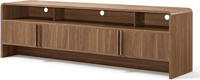 AMERLIFE 70" Fluted Wood TV Stand for TVs up to 80", Media Console Entertainment Center with Storage Cabinets for Living Room, Brown