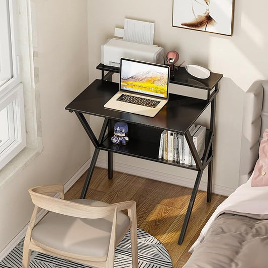 ODK Small Desk, 27.5 Inch Computer Desk for Small Spaces, Study Desk with Storage & Monitor Stand, Black