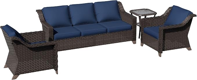 4 Pieces Patio Conversation Furniture Set - 1 Sofa, 2 Armchairs, 1 Side Table, Outdoor Wicker Furniture with Removable Cushions for Porch, Balcony, Sunroom (Blue)