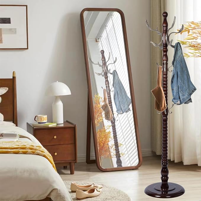 Wooden Coat Rack Freestanding, Hall Tree Hanger With Resin Hooks, Adjustable Heavy Duty Coat Rack for Hanging Clothes Bags Hats in Living Room Bedroom (coat rack, Round Base-Metal hook)