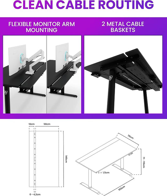 Arozzi Arena Nordico Gamer Desk – 55x27.6” Electric Standing Table – PC Gaming Desk with Storage for Cables - Dual Cable Baskets, Split Tabletop, Monitor Arm Friendly - Black