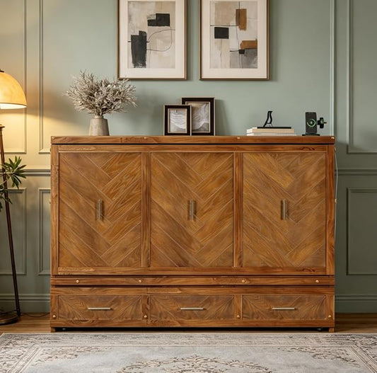 Bellemave Queen Murphy Bed with Charging Station and Storage, Farmhouse Murphy Bed with Foldable Panel for Guest Bedroom, Living Room, Office, Walnut