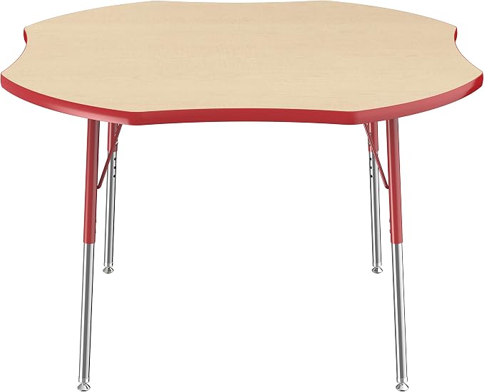 FDP Clover Activity School and Office Table (48 x 48 inch), Standard Legs with Swivel Glides for Collaborative Seating Environments, Adjustable Height 19-30 inches - Maple Top and Red Edge