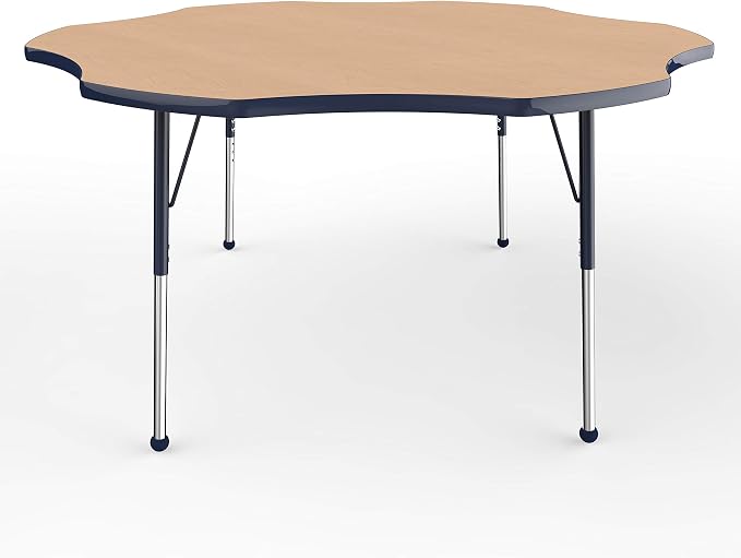 FDP Flower Activity School and Office Table (60 inch), Standard Legs with Ball Glides for Collaborative Seating Environments, Adjustable Height 19-30 inches - Maple Top and Navy Edge