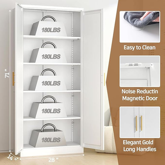 71” Tall Kitchen Pantry Cabinet, Metal Storage Cabinet with 2 Doors and 4 Adjustable Shelves for Kitchen, Living Room, Laundry Room