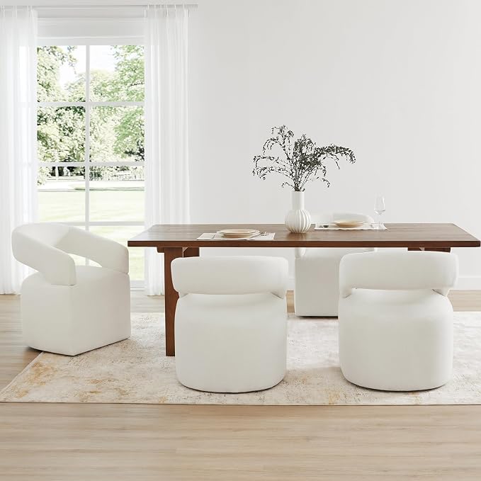 KISLOT Upholstered Dining Chairs Set of 1, Modern Rolling Dining Chairs with Hidden Casters, Arm Kitchen Chairs with Linen Look Fabric, Padded Barrel Chairs for Dining Room, Kitchen, Bedroom, Ivory