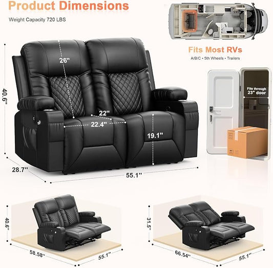 RV Loveseat Recliner Sofa, Reclining Loveseat Wall Hugger Recliners with USB Ports, Cup Holders, Insert Pockets, RV Recliners for Travel Trailers & Living Room, RV Furniture | RV Couch | Black