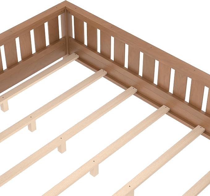 Bellemave Queen Size Floor Bed with high Rails and with Built-in Bookshelf for Kids, Girls, Boys, Wood Montessori Floor Bed Without Door, Natural