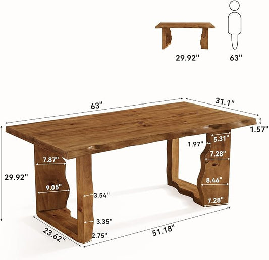 63" Live Edge Solid Wood Dining Table, Modern Rustic Kitchen Table with Sculptural Legs, 6-Person Rectangular Dinner Table for Dining Room, Kitchen,Natural Dark Brown Finish