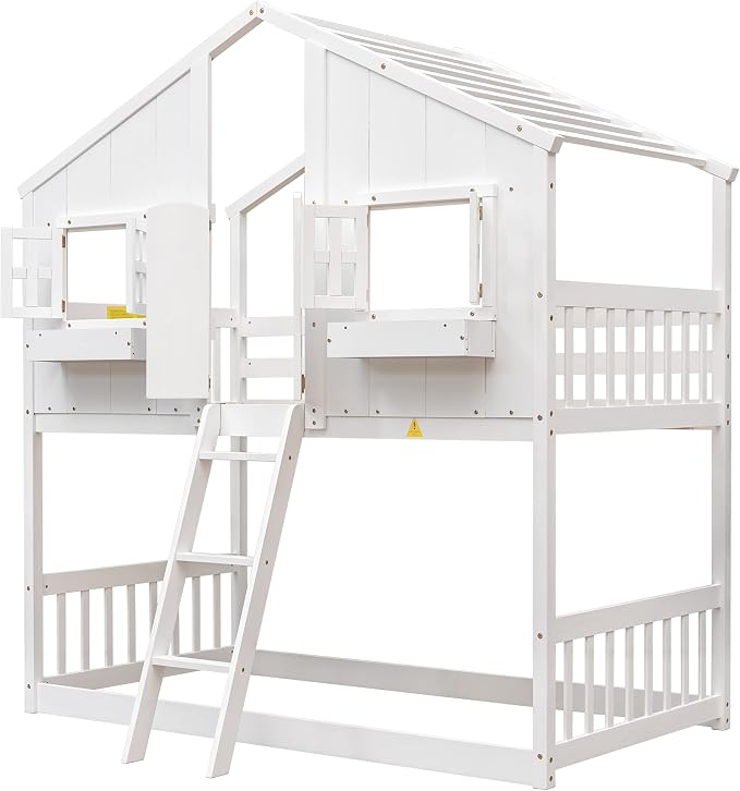 Twin over Twin House Bunk Bed with Roof,Windows,Door,Window Boxes,Safety Guardrails & Ladder,Pine Wood Frame,Low-Height Kids Bunk Beds for Bedrooms,Playful Loft Bed with Easy Assembly, White