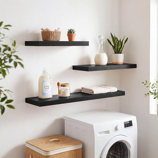 RICHFOCUS 20Inch Floating Shelves for Wall 2 Pack Shelves for Bedroom|Kitchen|Bathroom|Laundry Room Rustic Wood Wall Mounted Shelf with Invisible Brackets for Books|Storage|Decor, Black