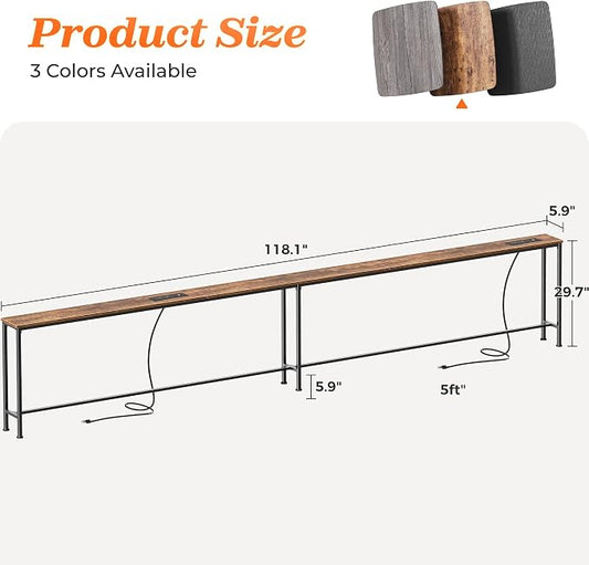 SUPERJARE 118.1 Inch Sofa Table with 2 Power Outlets and USB-C Port, 5.9 Inch Narrow Console Table with Storage, Extra-Long, for Entryway Hallway Couch Behind Sofa, Small Spaces, Rustic Brown