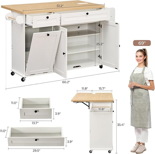 60.2" Kitchen Islands with Storage, Kitchen Island Cart with Trash Can Storage Cabinet, Rolling Kitchen Island Table with Drop Leaf & Power Outlet & Spice Rack & Towel Rack & Knife Holder, White