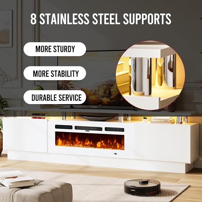 80" Entertainment Center & TV Stand, Modern Media Console with Storage Cabinet, Fits TVs up to 90", Living Room Furniture, 36" Electric Fireplace (All White)