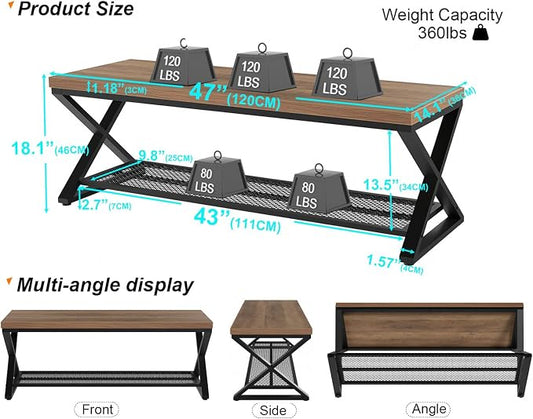 LVB Entryway Bench, Indoor Shoe Bench with Storage and Seating, Wood Metal Storage Bench for Bedroom Living Room, Farmhouse Shoe Rack Bench for Sitting in Hallway Foyer Entrance, Rustic Oak, 47 inch