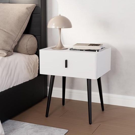 Nightstand Set of 2 with Single Drawer,Leather Side Table,Modern Bedside Table with Metal Legs for Bedroom,Small Accent End Table,White