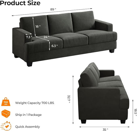 COPIAE 89 Inch Sofa with Extra Deep Seats Oversize, 3 Seater Sofa for Living Room, Modern Couch and Sofa, Comfy Armrests and Seats and Backrests, Easy Installation, Corduroy Fabric Grey