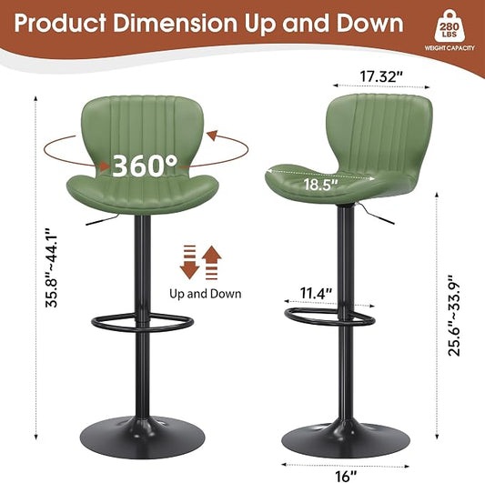 JAMFLY Bar Stools Set of 6, Leather Adjustable Barstools Counter Height Modern Bar Stools, Island Chairs Set of 4 for Kitchen, Green