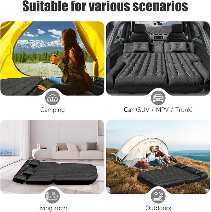 Inflatable SUV Air Mattress Bed, Double-Sided Flocking Travel Camping Bed with Air Pump and 2 Pillows for Universal SUV