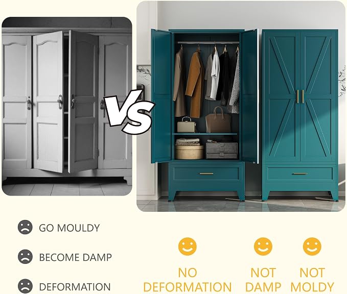 Metal Wardrobe Closet Cabinet with Drawers,71" H Large Bedroom Armoires with Shelves and Hanging Rod,Wardrobe Storage Cabinet with 2 Doors, 1 Adjustable Shelf and Drawers (1Drawer, Blue)