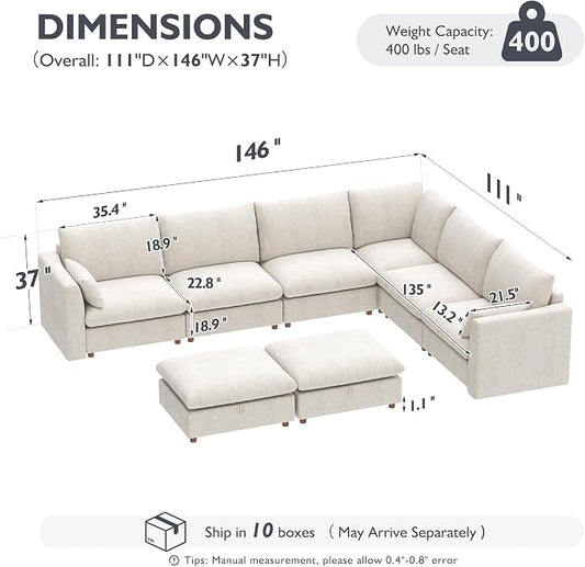 Ihanherry 146" Oversized Modular Sectional Sofa, Modern V Shaped Cloud Couch with 2 Storage Ottoman, 8-Seat Comfy Chenille Deep Seat Sofa with 2 Pillows for Living Room, Beige