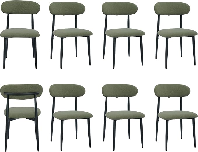 FREKEN Modern Upholstered Dining Chairs Set of 8, Mid-Century Metal Frame Linen Fabric Side Chair for Kitchen Dining Room, 350lbs Capacity, Green