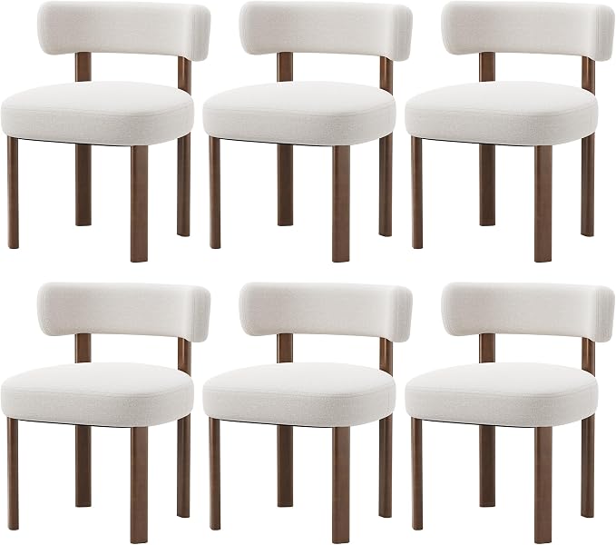 Wooden Dining Chairs Set of 6, Upholstered Kitchen Chairs with Solid Wood Legs, Mid Century Dining Room Chair with Ergonomic Curved Backrest for Kitchen Dining Vanity, Beige