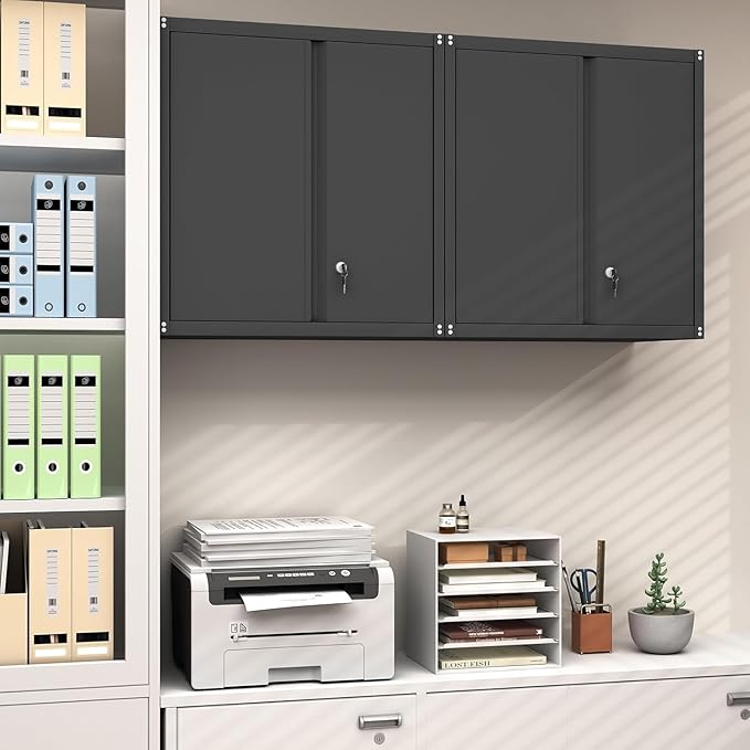 GREATMEET Metal Garage Storage Cabinet with Lock, Metal Wall Cabinets for Garage, Wall Mount Cabinet, Upper Cabinets Wall Mounted, Utility Cabinet with Adjustable Shelf for Home Office, Black