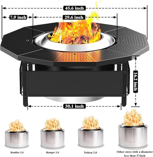 Fire Pit Surround Table for Solo Stove Yukon 2.0 27 Inch, Adjustable Outdoor Fire Pit Tabletop Accessory, UV-Resistant Fabric Safety Barrier, Black Metal Patio Surround