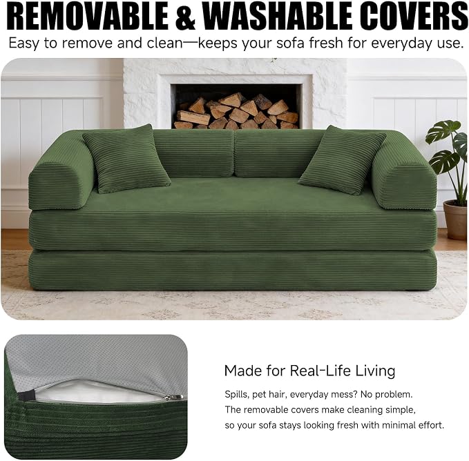 78.8" Memory Foam Boneless Couch, Corduroy Floor Sofa Bed, Convertible Sleeper Futon Loveseat, Wide Armrests & Back Support, Supports Up to 1200 lbs,Forest Green Couch in a Box with 2 Pillows