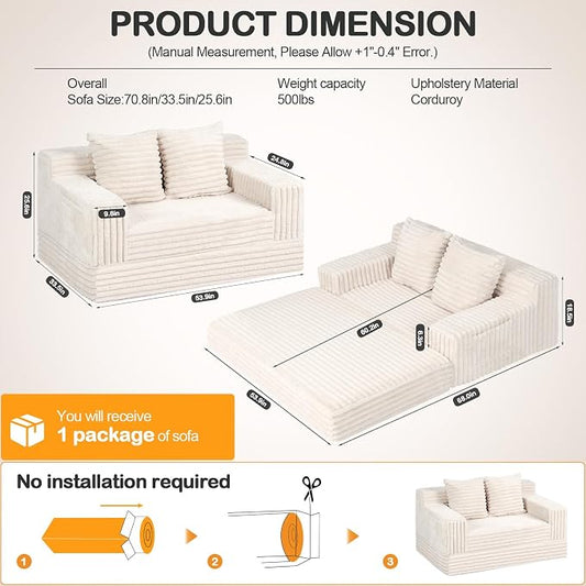 Erament Boneless Loveseat Convertible Sofa Bed, Folding Floor Futon Sleeper Sofa Couch Bed- Boneless Foldable Couch, Furry Pull Out Sofa Bed with 2 Pillows for Living Room & Bedroom