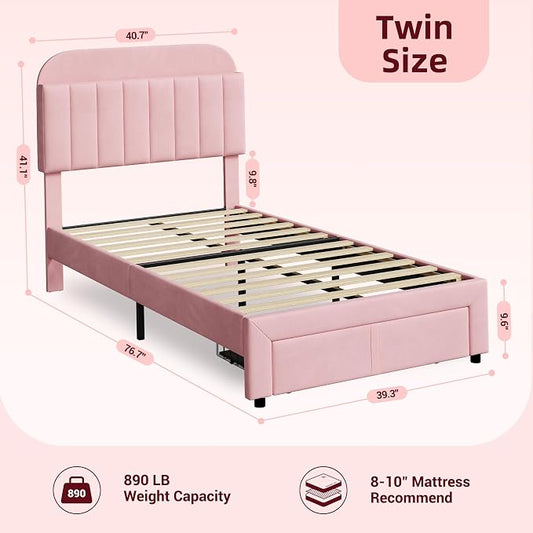 GarveeHome Twin Bed Frame with Drawer, Velvet Upholstered Platform Bed Frame with Storage Headboard, No Box Spring Needed, Easy Assembly, Noise-Free, Pink