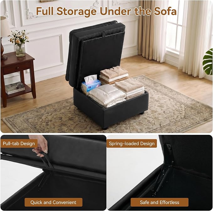 27" Black Faux Leather Storage Ottoman, Large Square Footrest for Couch | Lift-top Storage Keeps Blankets and Clothes Organized, with Padded Upholstery and Anti-slip Legs for Bedroom, Living room.