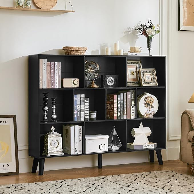 LEYAOYAO 10 Cube Bookshelf, 3 Tier Vintage 55" Wide Bookcase with Legs, Mid-Century Wood Bookshelves Storage, Black Large Book Case, Freestanding Organizer Display Shelf for Living Room, Office
