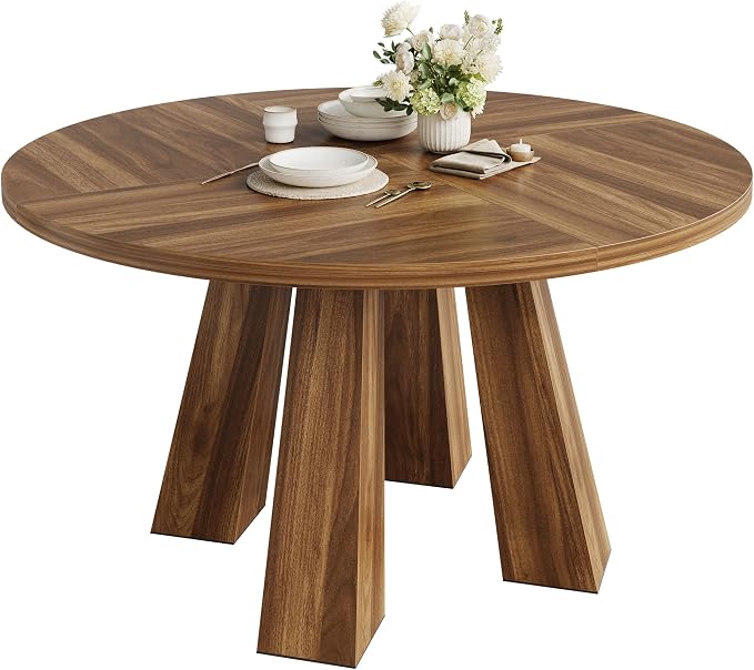 IDEALHOUSE 47" Round Dining Table for 4-6, Wood Kitchen Table with Sturdy Base, Farmhouse Circle Dinner Table for Dining Room, Living Room, 4 Strong Legs, Walnut