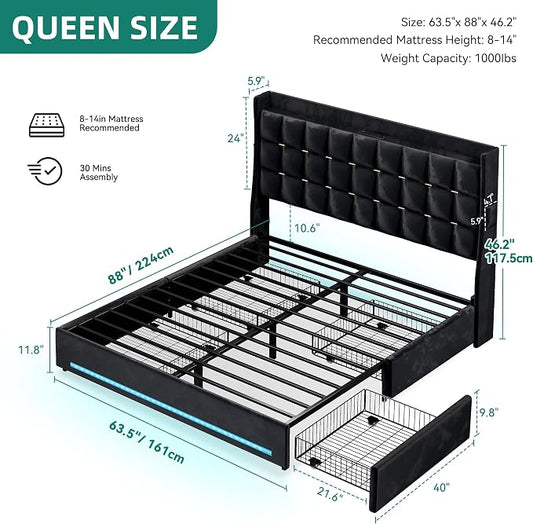YITAHOME Queen Size Bed Frame with 4 Drawers and RGB LED Lights, Velvet Upholstered Platform Bed with Charging Station and Storage Headboard, No Box Spring Needed, Easy Assembly, Black