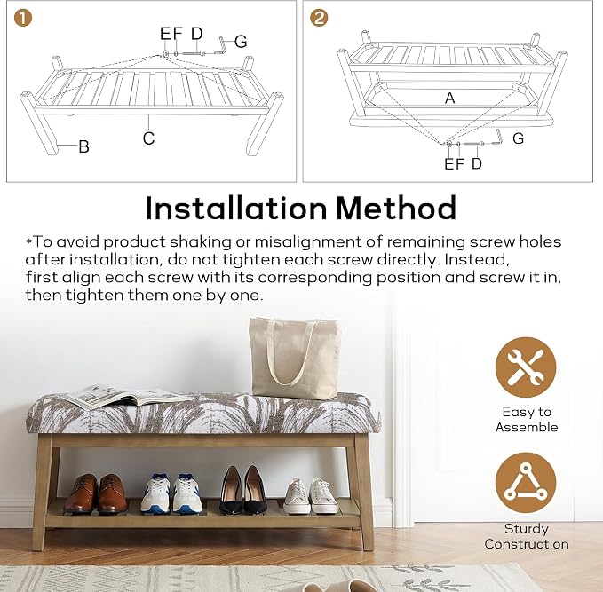 Entryway Bench with Cushion, Upholstered Shoe Rack Bench with Solid Wood Shelf, 44" End of Bed Bench for Bedroom, Chenille Fabric Storage Bench for Entryway, Hallway, Living Room (Textured Brown)