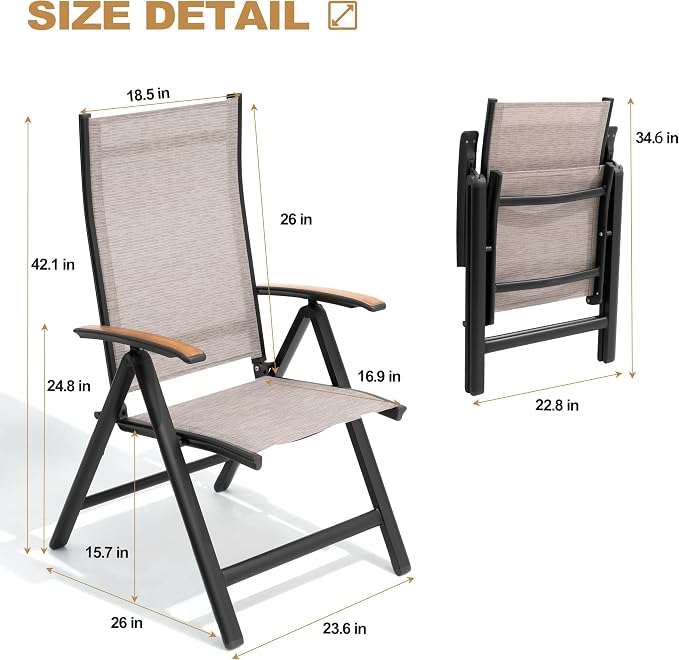 Pellebant 2 Pieces Aluminum Outdoor Dining Chairs, Patio Foldable Adjustable Backrest Armchairs, Weather Resistant Outdoor Furniture Set for Deck Porch & Backyard