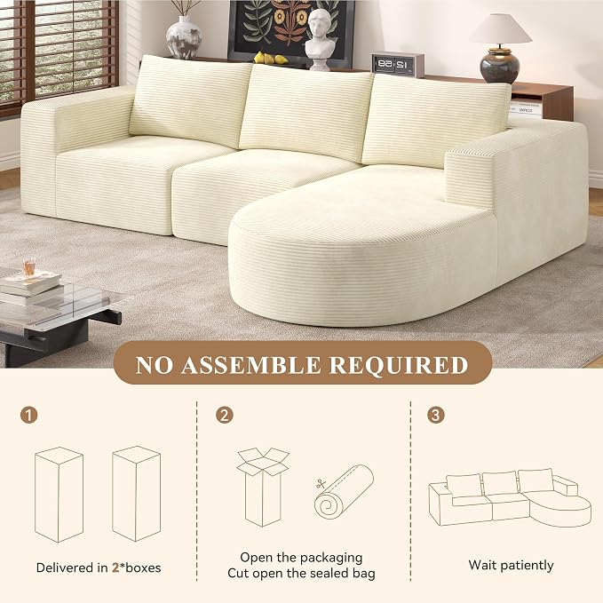 L-Shaped Boneless Couch,104" Couches for Living Room with Curved Chaise,Modular Sectional Sofa with Deep Seat,Modern Cozy Cloud Compression Sofas,No Assembly Required(Beige) 1PCS