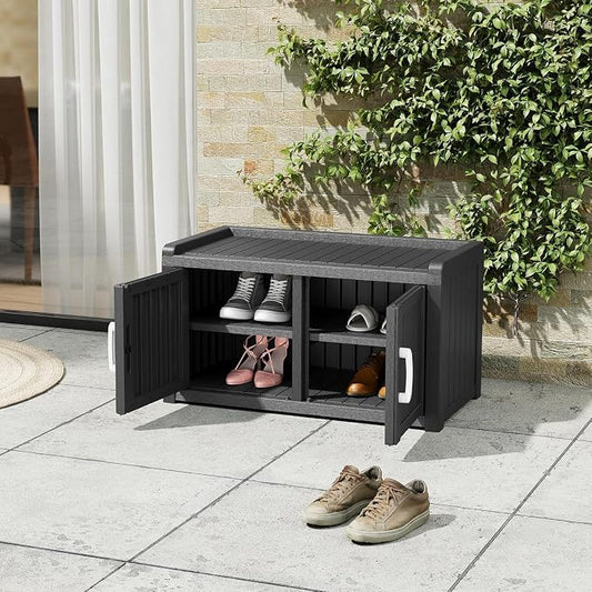 2 Doors Outdoor Shoe Storage Bench | Waterproof UV-Resistant Resin Cabinet, Entryway Organizer for Porch, Hallway, Black