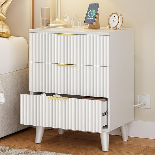 Lulive Modern Dresser and Nightstand Sets 3-Piece, 6-Drawer Dresser + 2 White Night Stands with Charging Station Bedroom Sets Solid Wood Legs (White)